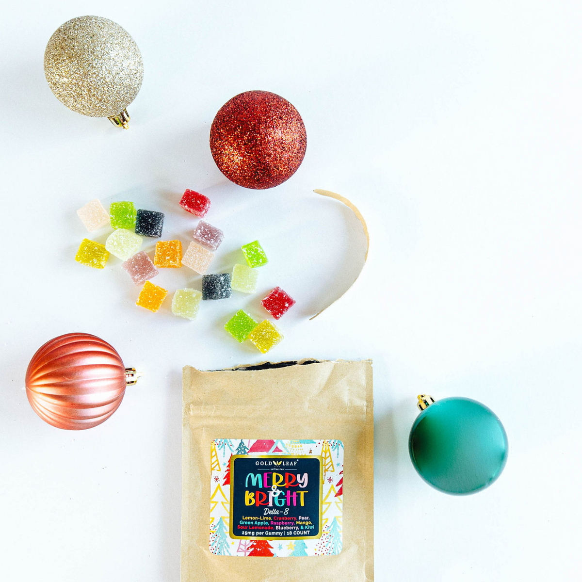 Gold Leaf Collection | Delta-8 gummies by Lake Country Growers | Merry & Bright, 18 count pack | 25mg per gummy in 6 flavors: Raspberry, Strawberry, Blueberry, Cranberry, Green Apple and Pear.
